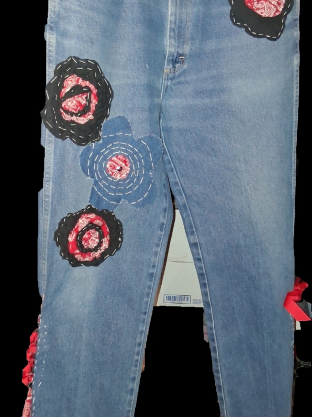 Talbots Sz 12 Light Blue Straight-Leg Jeans with Red & Black Floral Patches